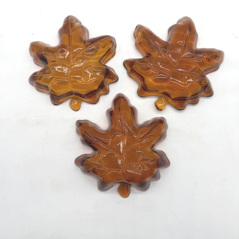Vintage Amber Glass Maple Leaf Trinket Dish Set of 3 Autumn Fall Decor‎ Brown